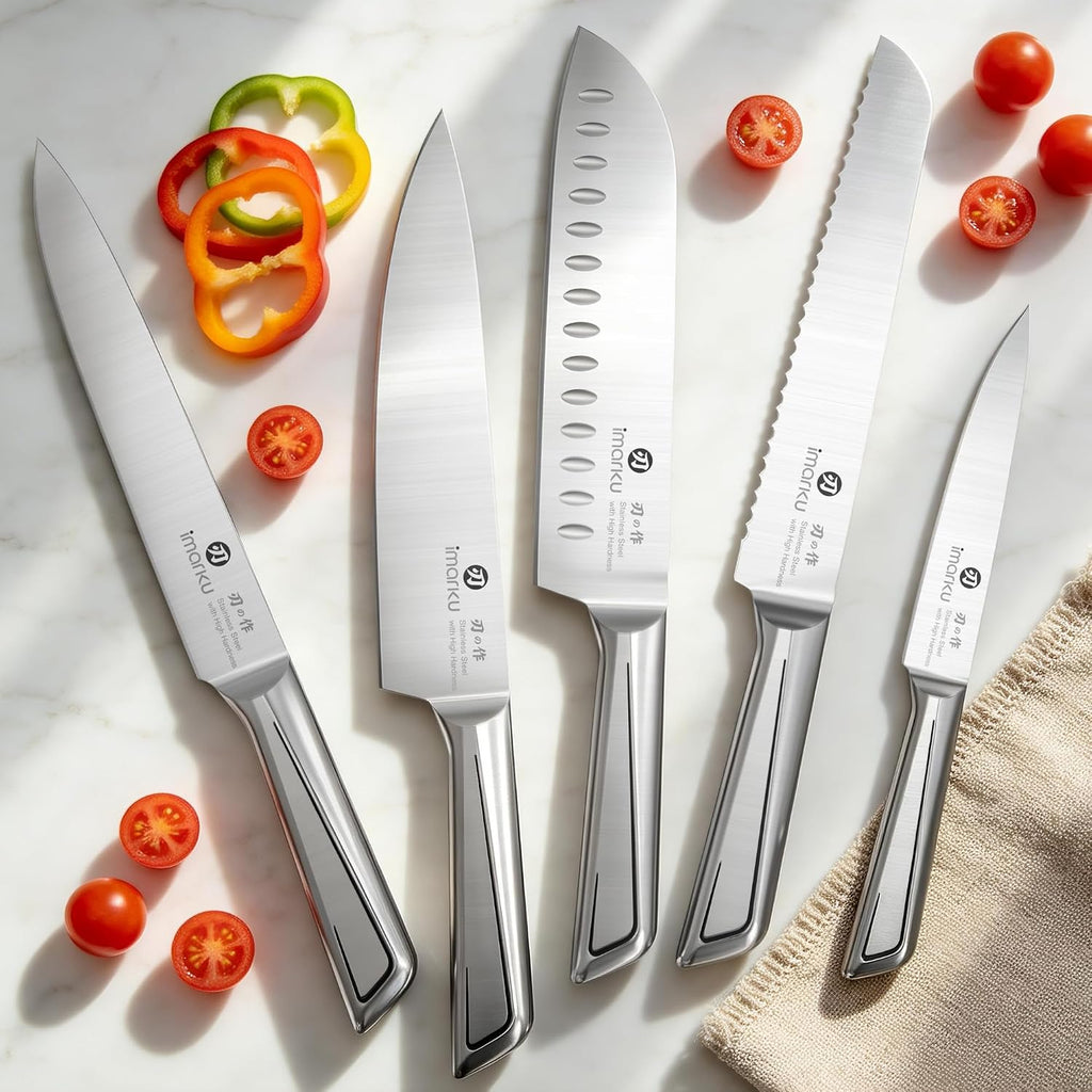 High Carbon Stainless Steel Gyutou Knife Set with Block, Precision-Forged Razor Sharp 10-15° Edge, Ergonomic Non-Slip