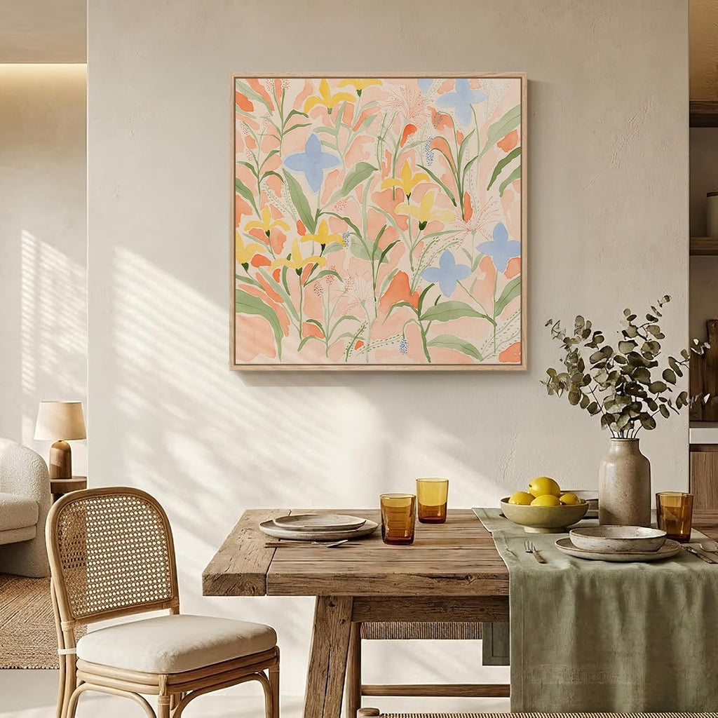 Framed Square Boho Abstract Floral Wall Art , Neutral Flower Watercolor Painting Print Canvas Artwork for Walls