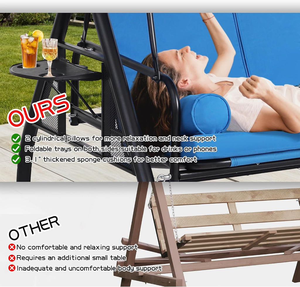 3 Seat Outdoor Patio Swing with Stand, 3-in-1 Porch Swing with Adjustable Canopy & Deep Cup Holders, Patio Glider