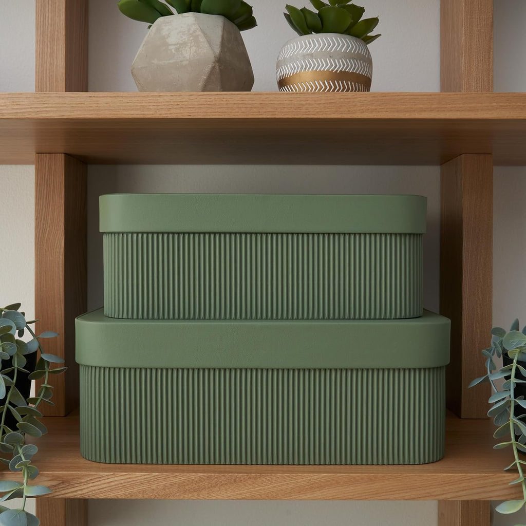 Decorative Storage Boxes with Lids - Set of 2 Beautiful Fluted Photo Organizer Bins for Your Home Bookshelf Decor to