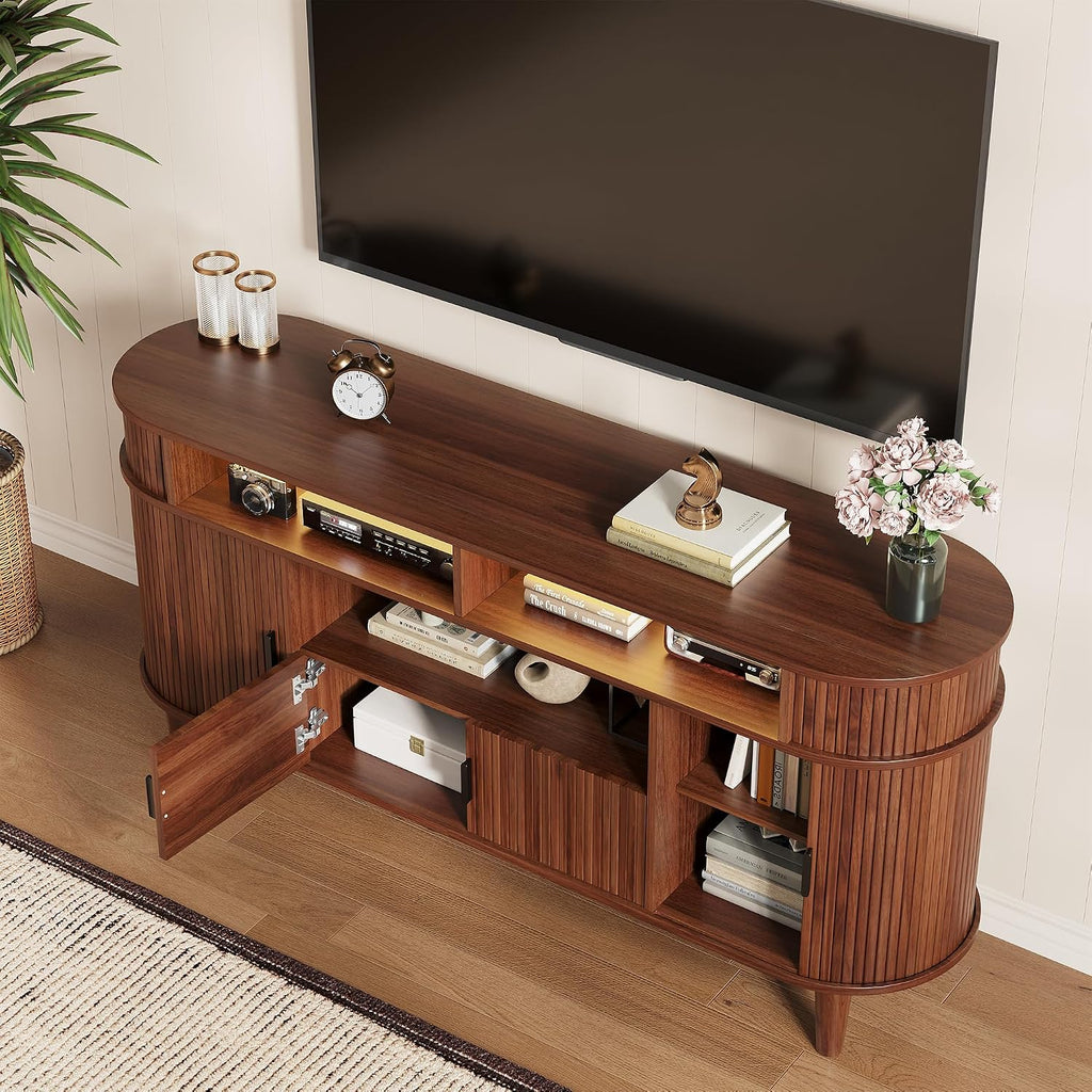 59" Fluted TV Stand with Sliding Doors, Mid Century Modern TV Stands for Tvs up to 65", Entertainment Center with Storage and Adjustable Shelves, Wood Media TV Consoles for Living Room (Walnut)