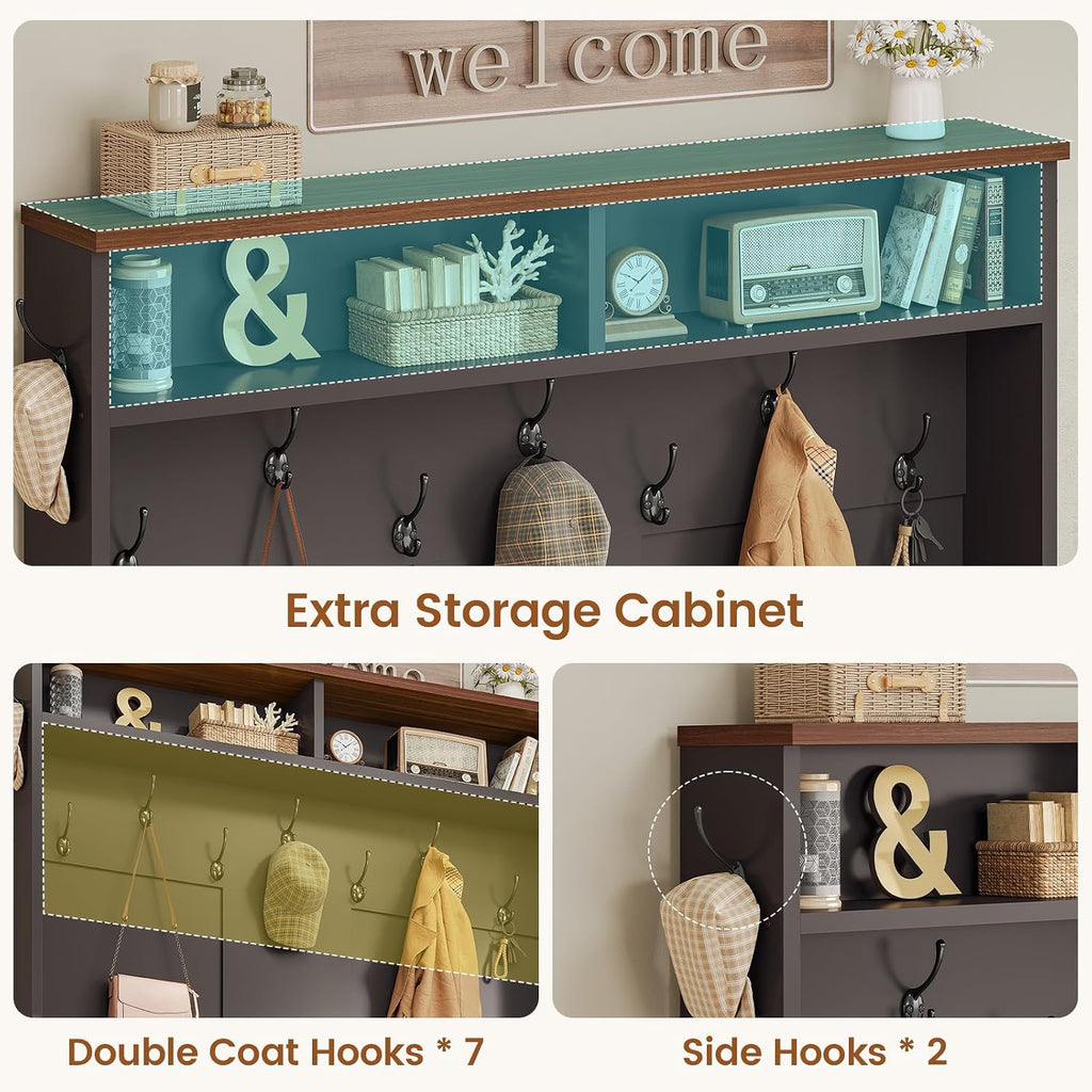 Hall Tree with Bench and Shoe Storage, 5-in-1 Entryway Bench with Coat Rack, 10 Shoe Cubbies & 9 Coat Hooks, Barn