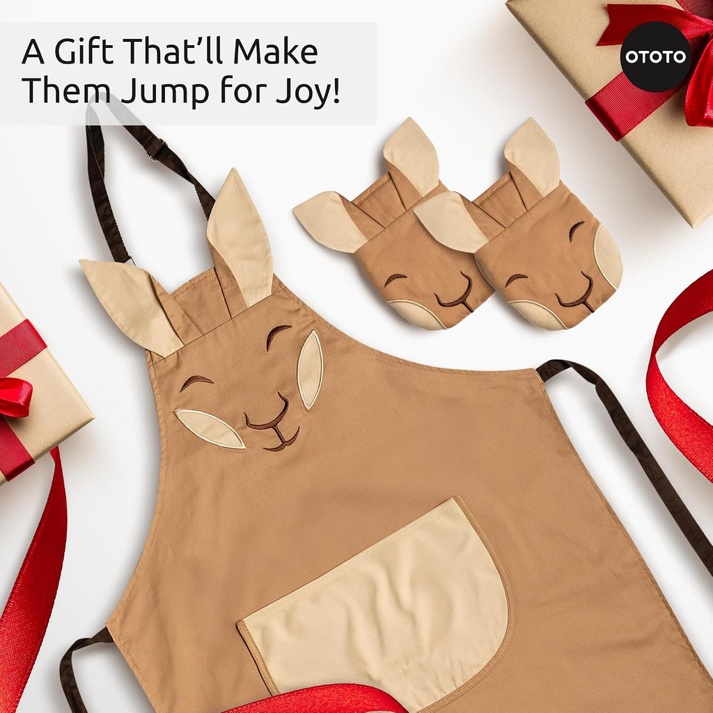 Aproo Kitchen Set - Oven Mitts and Chef Apron with Pockets, Cute Cooking Accessories, Funny Kitchen Gift, Kangaroo