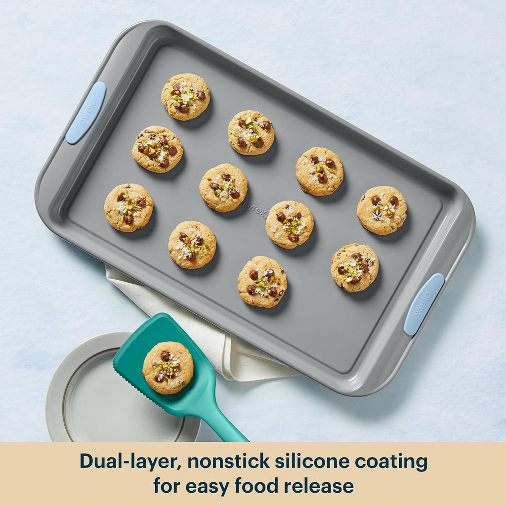 8-Piece Metal Bakeware Set with Heatsafe Silicone Handles, Cerulean | Lightweight stainless steel trays with heatsafe