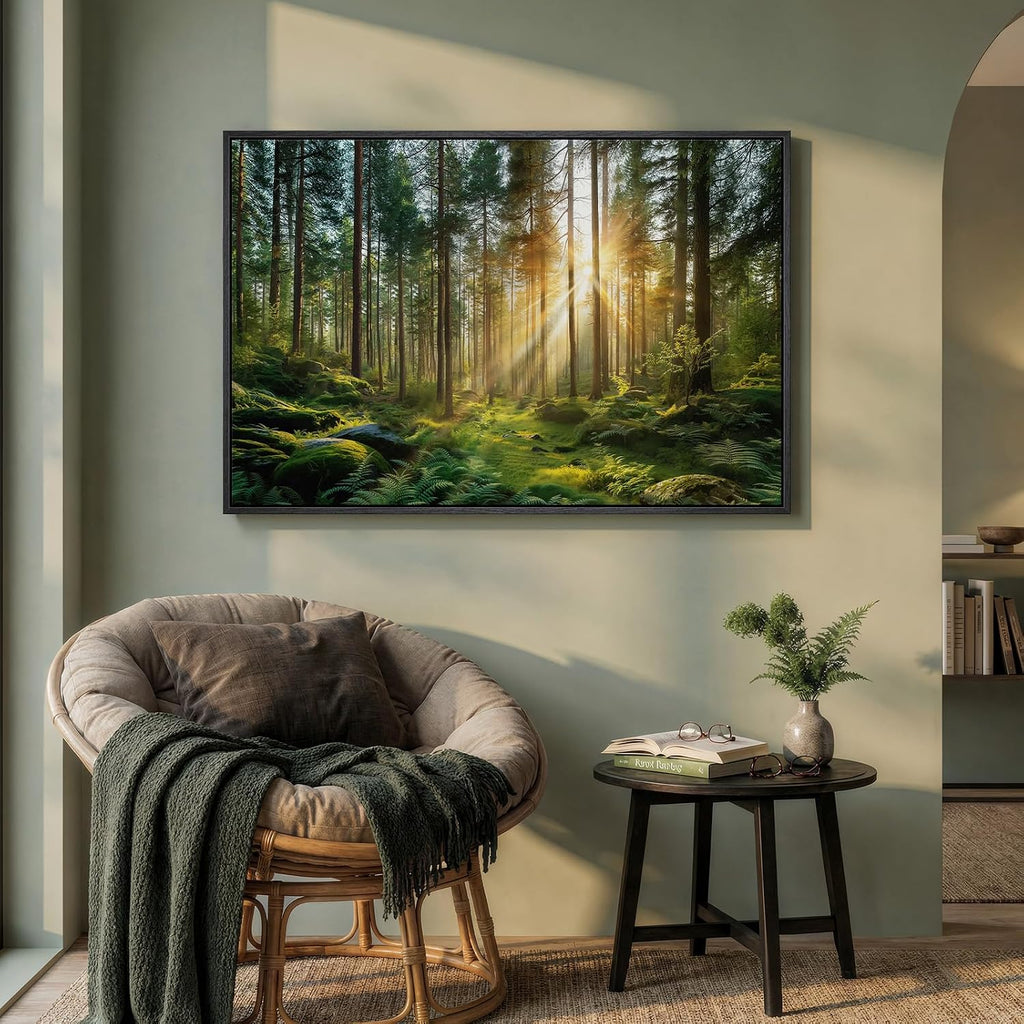 Framed Forest Landscape Wall Art, Horizontal Nature Sunset Canvas Artwork for Walls, Wilderness Scenery Photography
