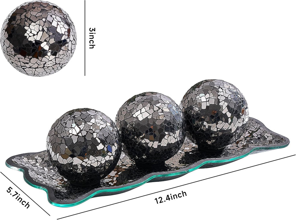 12.4" Mosaic Glass Decorative Tray Dish Plate with 3pcs 3" Decorative Orbs Balls Sphere Decor or Dining Table Coffee