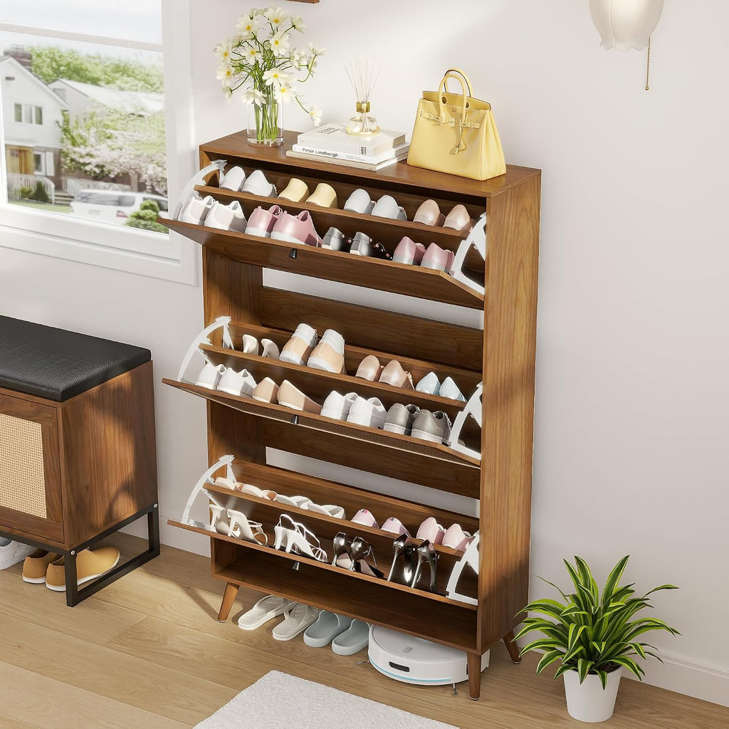 Shoe Storage Cabinet with 3 Flip Drawers, Narrow Shoe Organizer with Fluted Panel, Freestanding Wood Hidden Shoe
