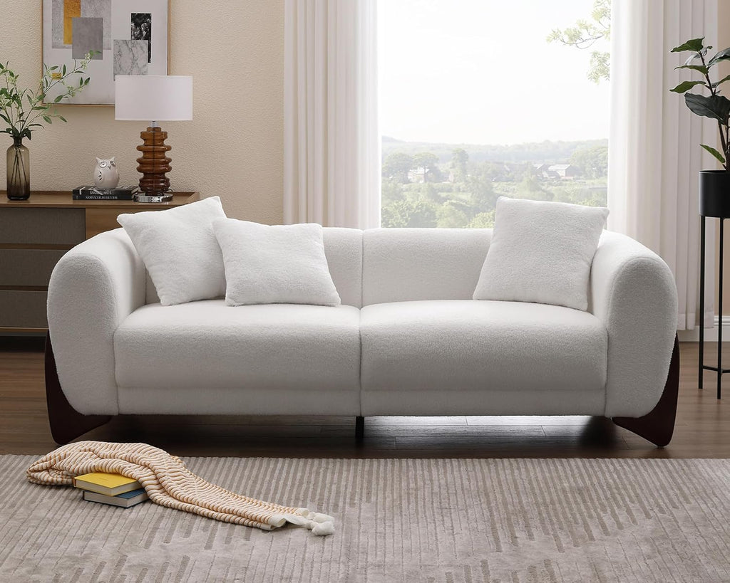 Modern Cloud Couch - 3 Seater Sherpa Boucle Sofa with Wood Legs