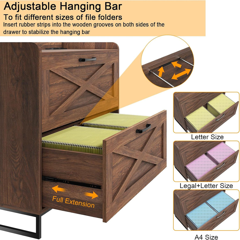 2 Drawer Lateral File Cabinet with Charging Station Dark Walnut Filing