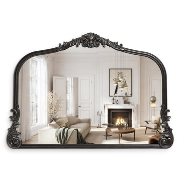 English Estate Carved Arch Wood Wall Mirror, Mirror, Distressed Black, 26x37