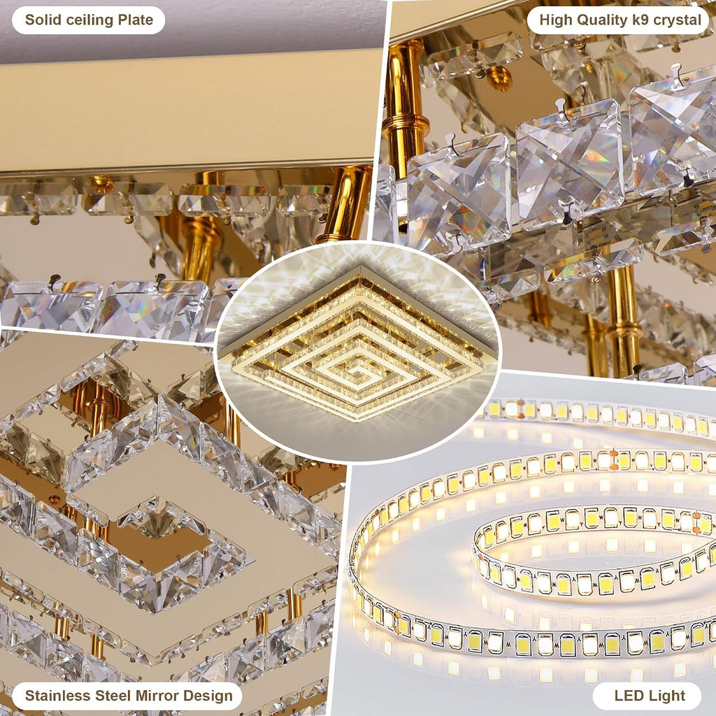 43" Modern Gold Crystal Chandelier with Remote/App Control, Dimmable Flush Mount Ceiling Light Fixture,3-Color