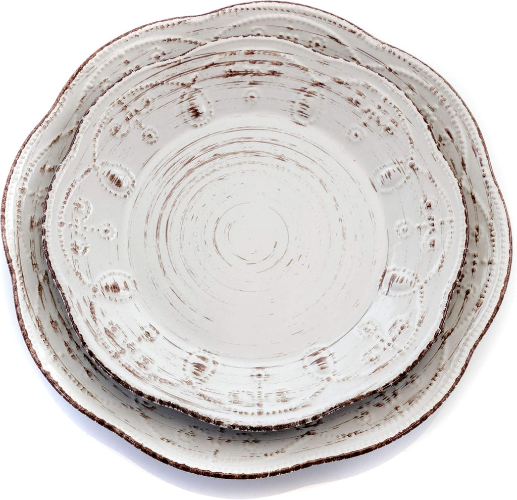 Rustic Birch 16 Piece Embossed Scalloped Stoneware Round Dinnerware Set in White with Brown Accents