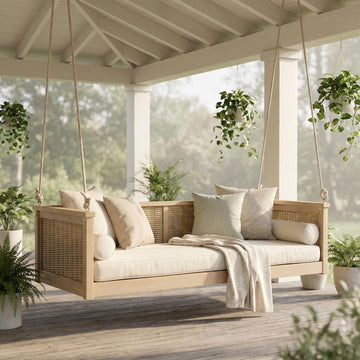 Twin Size Outdoor Porch Swing Bed, Acacia Wood & Rattan Hanging Daybed with Ropes , Backyard & Garden, Light Teak