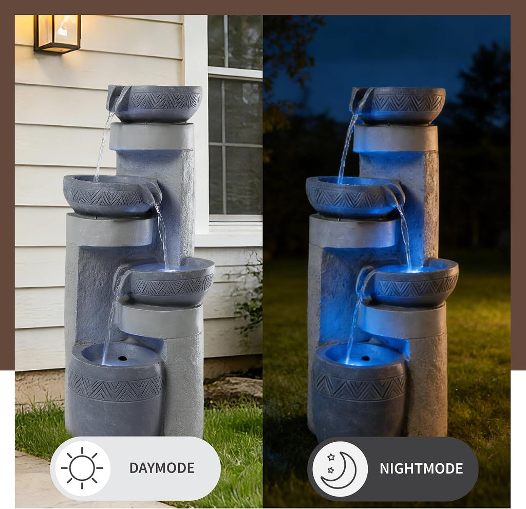 28" Outdoor Water Fountain with Led Lights, 4-Tiered Owl & Calla Lil Water Fountain, Outdoor Garden Waterfall Decor