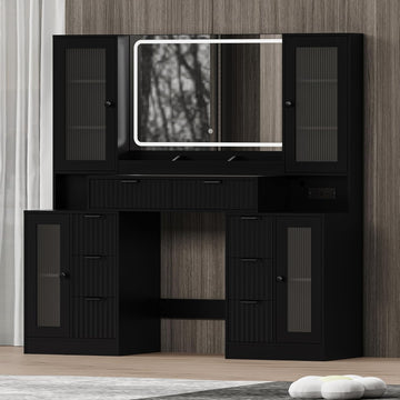 Fluted Makeup Vanity Desk with Mirror and Lights, 55" Glass Top Vanity with 8 Drawers & 4 RGB Glass Cabinets