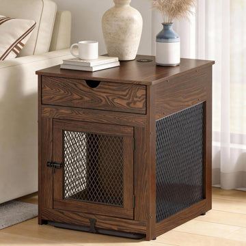 Dog Crate Furniture,Wooden Dog Crate End Table with Storage Drawer&Cushion&Tray