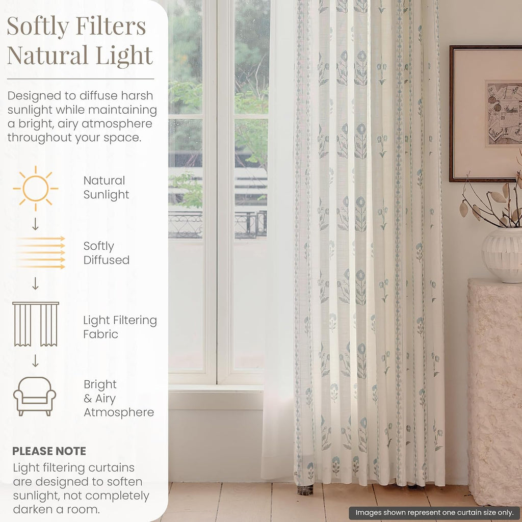 Linen Blend Pinch Pleated Curtains 96 Inches Long, Light Filtering Curtains 2 Panels Set, Modern Floral Printed