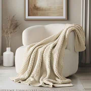 Chunky Chenille Knit Throw Blanket, Soft Luxurious Moss Stitch Blankets, Cozy Decorative Farmhouse Knitted Throws