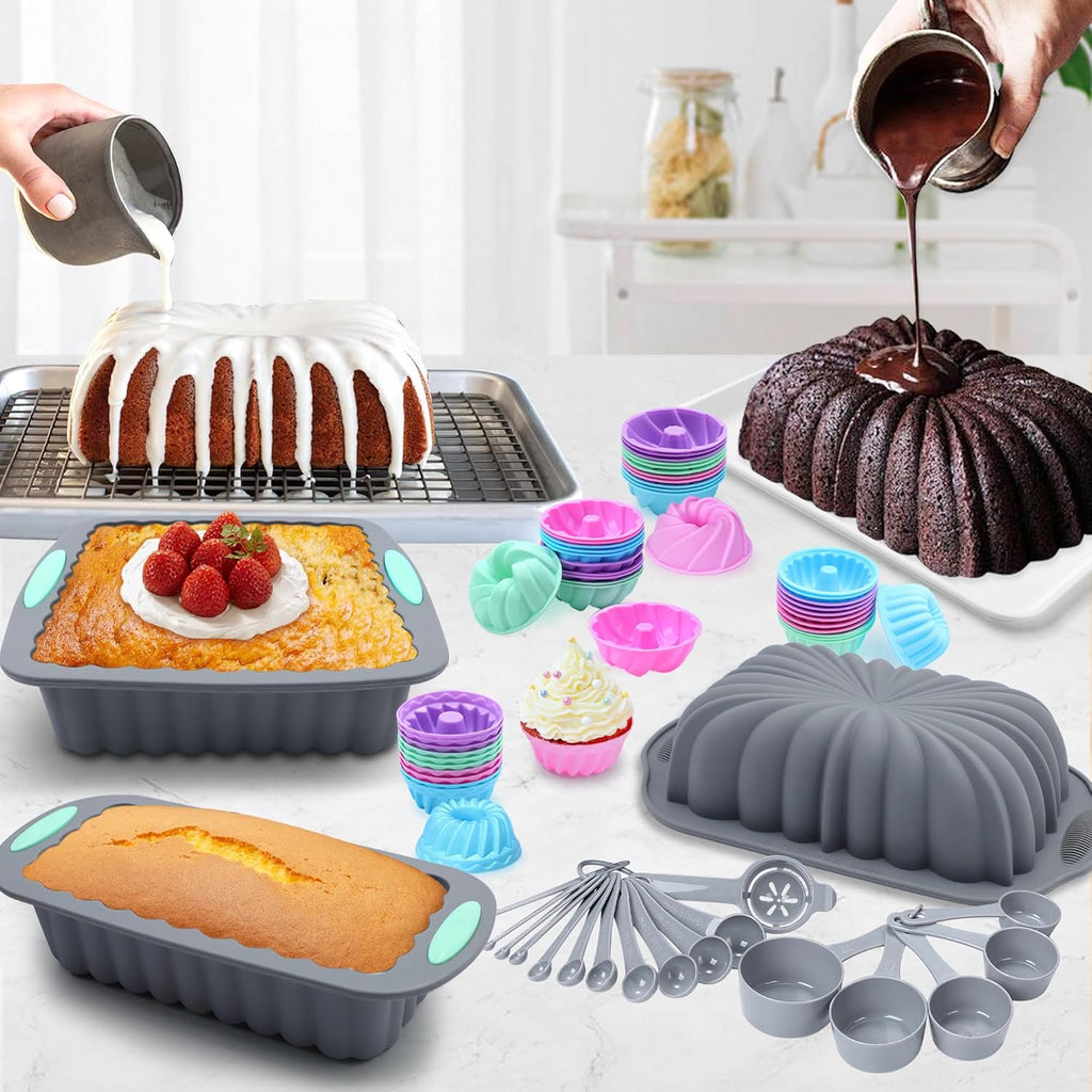 72 Pieces Silicone Bakeware Set, Nonstick Pans Set, Easy Release Oven Silicone Pan with Cake Pans, Loaf Pans, Cups