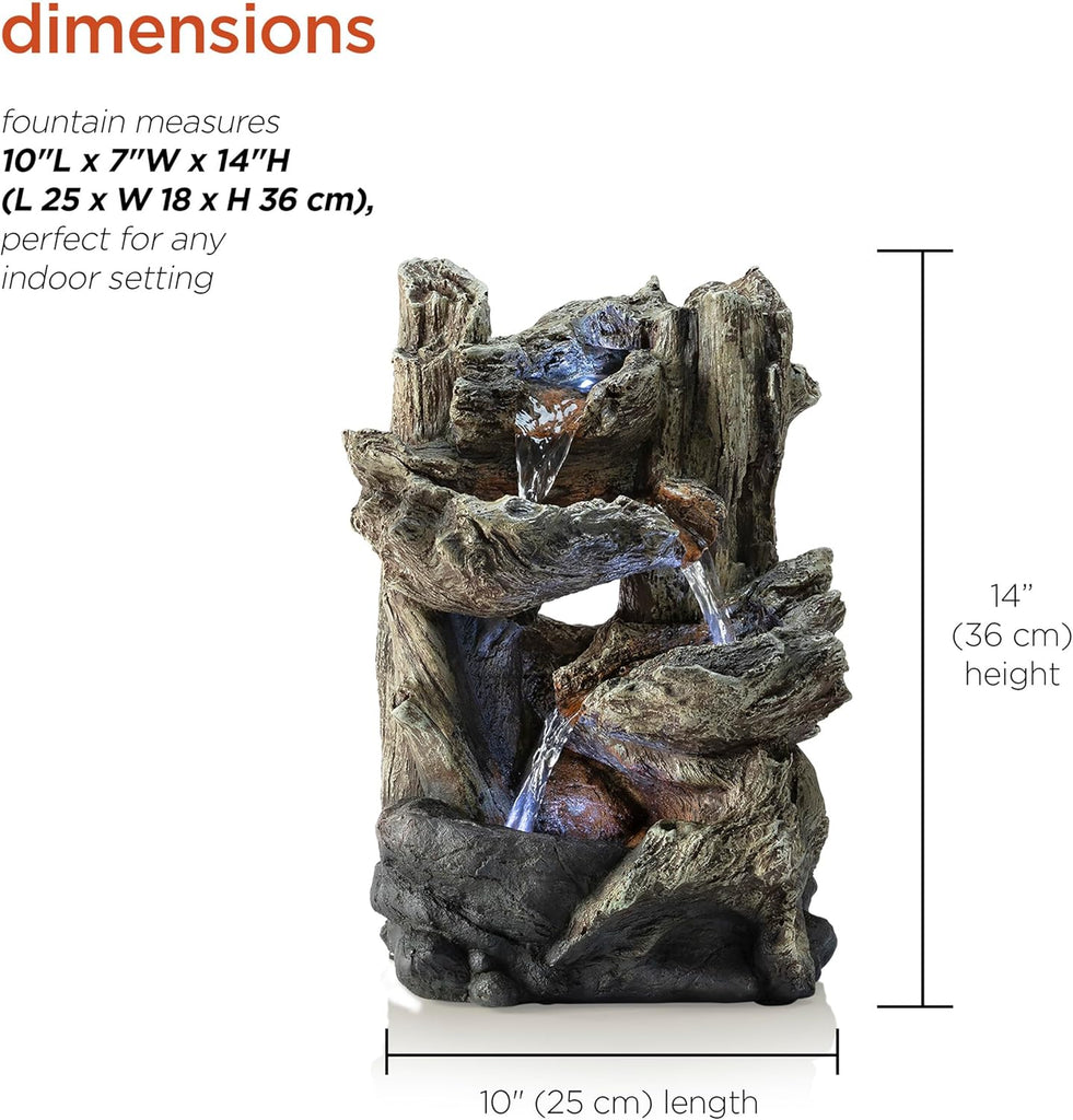 14"H Indoor Tiered Log Tabletop Fountain with LED Lights - Cascading Waterfall Design Creates Relaxing Ambiance Décor