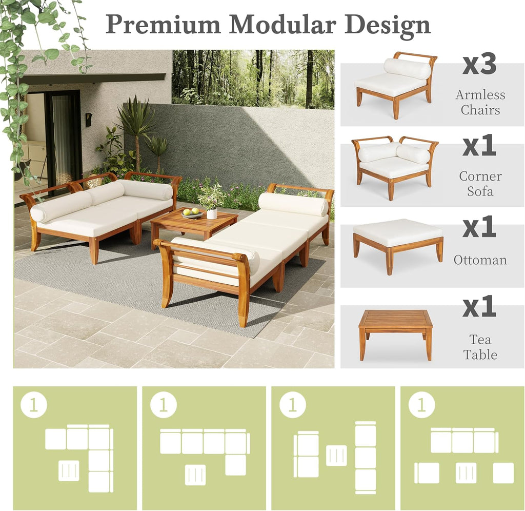 6 Piece Patio Sofa Set, Acacia Wood Outdoor Modular Sectional Garden Furniture Set, L-Shaped Conversation Set