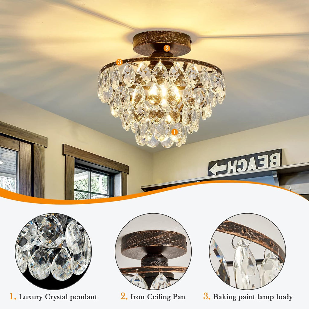 Crystal Chandelier,Modern Semi Flush Mount Small Ceiling Light Oil Rubbed Bronze,Mini E26 Ceiling Lamp Bedroom