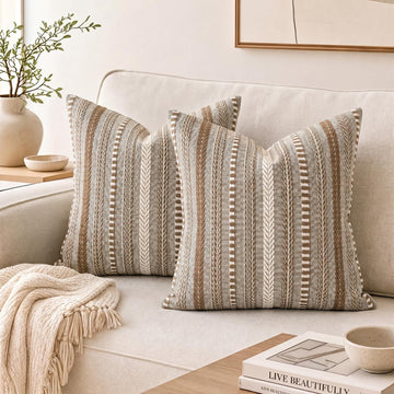 Light Brown Boho Decorative Throw Pillow Covers Set of 2, 20 x 20 Inch Woven Stripe Textured Rustic Cushion Case Home
