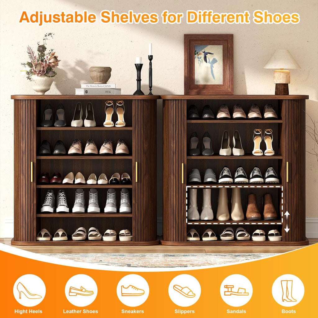5-Tier Sliding Door Shoe Cabinet, Adjustable Shelves Wooden Shoe Storage with Gold Handle, Mid-Century Modern
