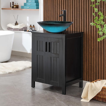 24" Black Modern Bathroom Vanity with Vessel Sink - Grooved Vanity Cabinet Combo