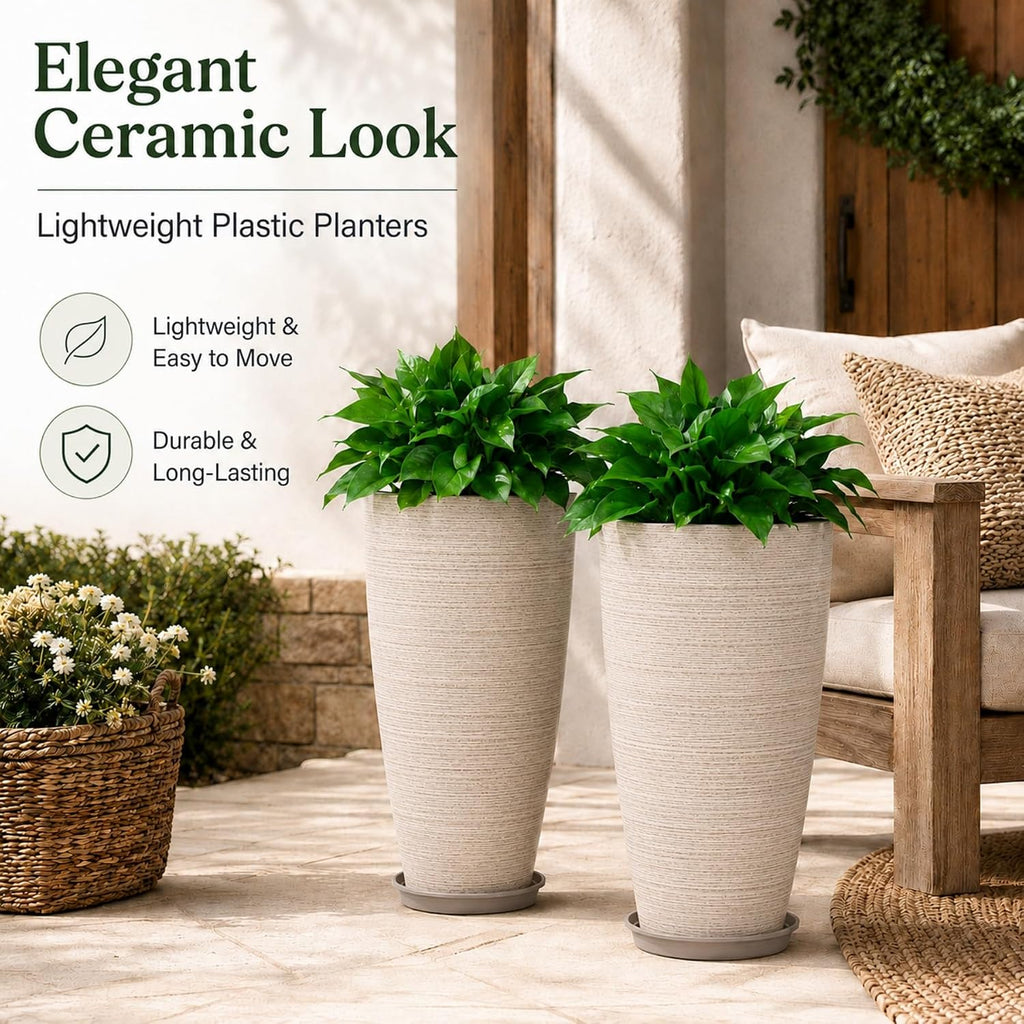Set of 2 Tall Planter, 21 inch Large Planter, Oat Color | Ceramic-Look, Lightweight, Built-in Drain Hole, Saucers