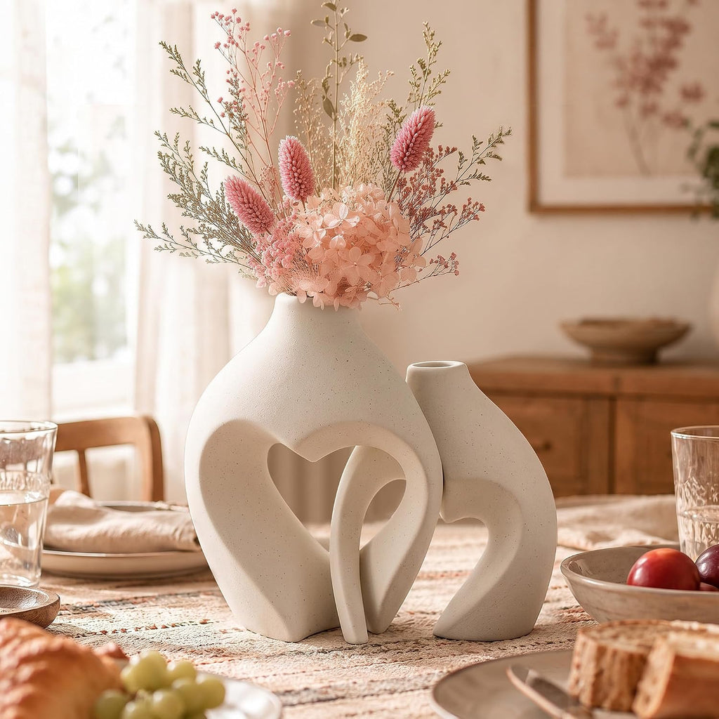 White Ceramic Flower Vase Home Table Decor Heart Shaped Vase Set of 2 | Boho Heart Shaped Minimalist Decorative Vases