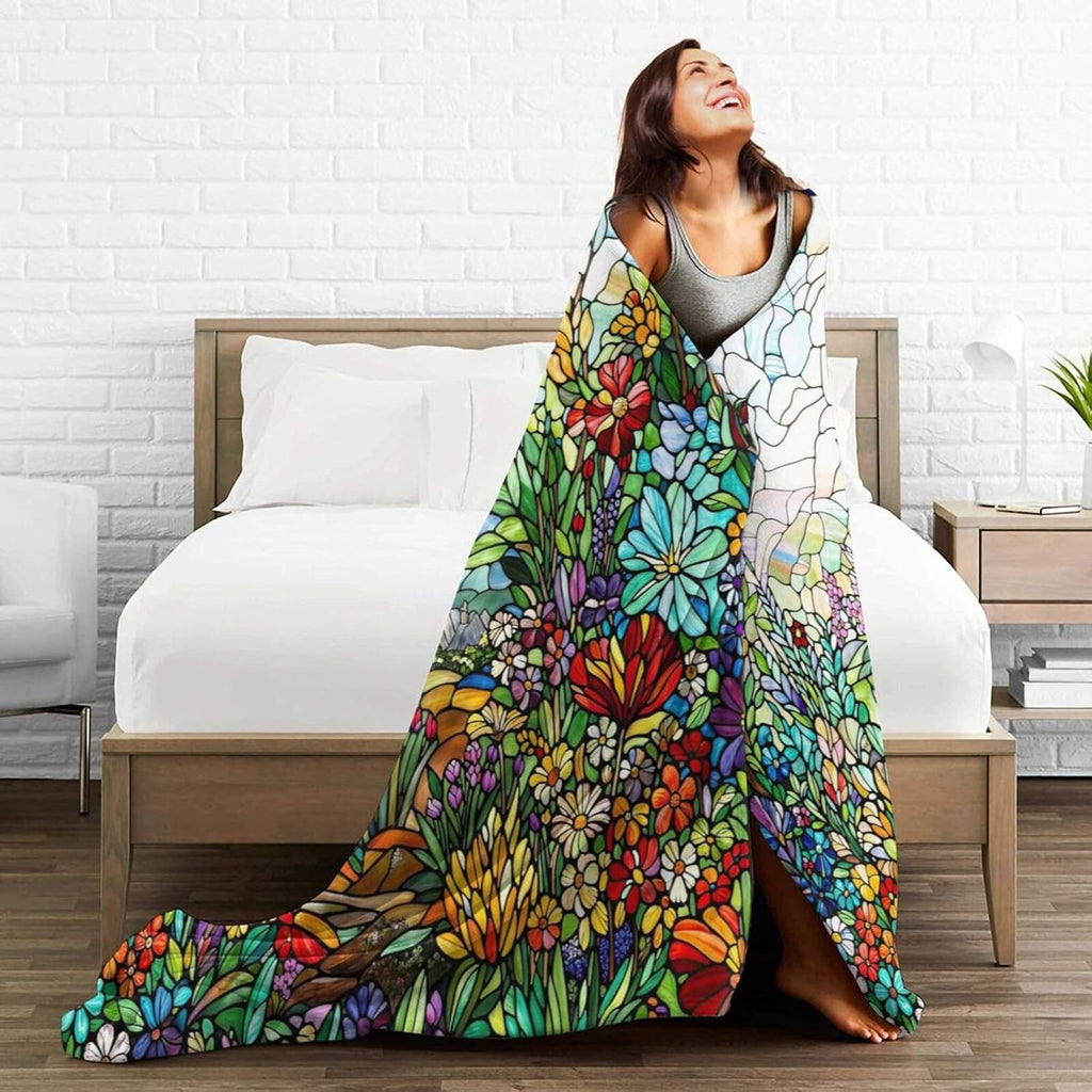 Colorful Boho Wildflower Stained Glass Throw Blanket Super Soft Air Conditioning Flannel Blankets Cozy Warm Plush