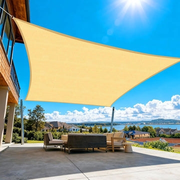 Sun Shade Sail, 13'X17' Sand Rectangle Curved Edged Sun Shade, Commercial Grade 185GSM HDPE UV Permeable Outdoor