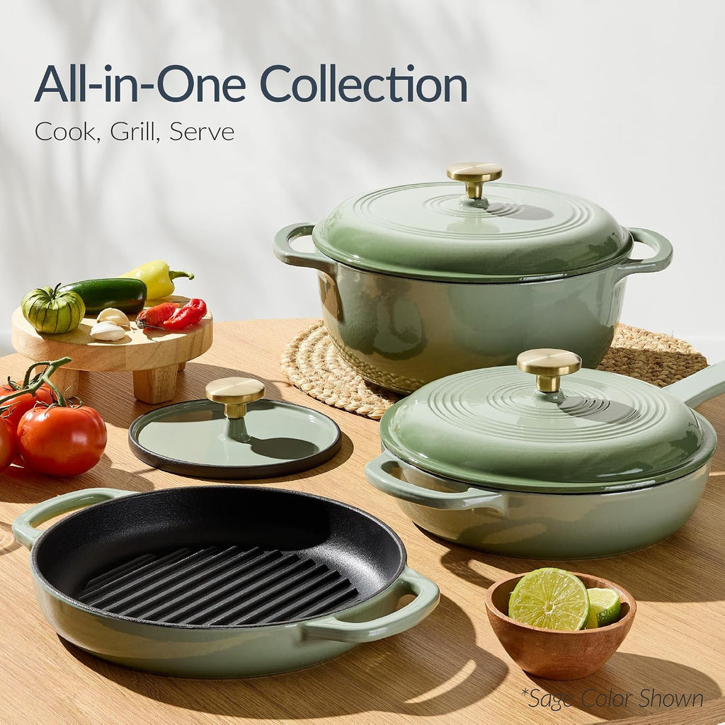 6-Piece Cast Iron Cookware Set, Ceramic Coated 6Qt Dutch Oven, 2Qt Skillet W/Lid, 10" Grill Pan W/Press, Non-toxic