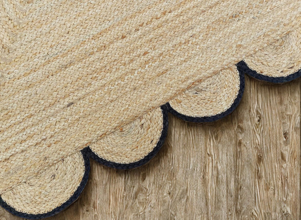Scalloped Jute Area Rug - 2x3 Ft Natural Handwoven Rug with Black Trim - Farmhouse Boho Entryway Acc