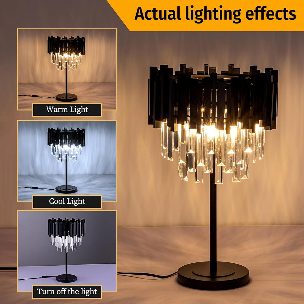 Black Crystal Table Lamp,3 Lights Table Lamps,Black Bedside Nightstand Lamps,Small Decorative Desk Lamp Room,Metal Base