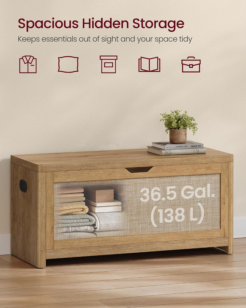 Boho Storage Bench with Rattan Look, Storage Chest with Rounded Corners, Blanket Chest and Trunk with