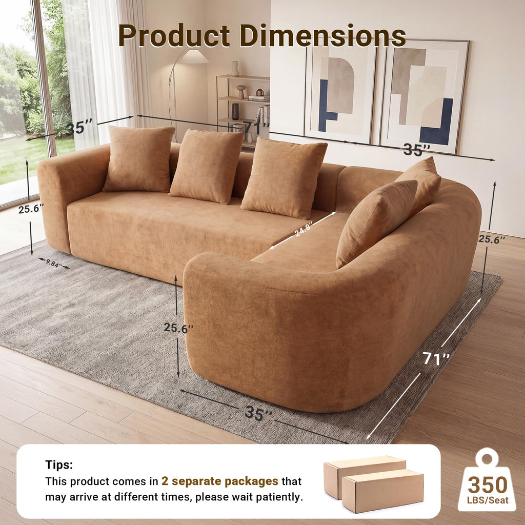 106" Cloud Boneless Couch, Right Chaise Sofa, Brown