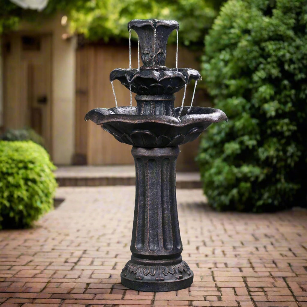 Lily Flower Floor Pedestal 3 Tiered Floor Waterfall Fountain with Pump Patio Garden Backyard Decking, 38 Inch Height