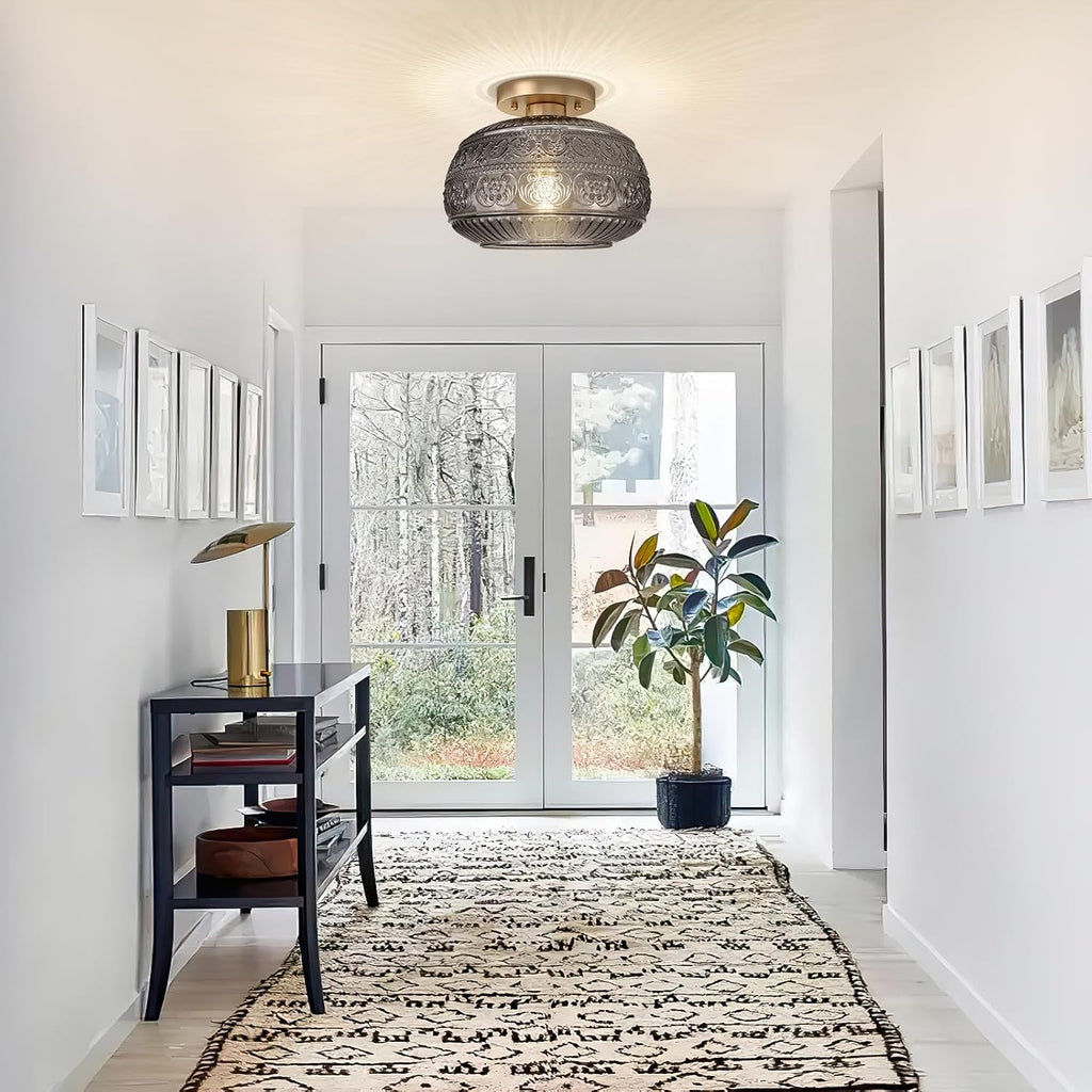 Semi Flush Mount Ceiling Light Fixture, 11" Vintage Gold Hallway Lights Fixture Ceiling with Grey Glass and Entry