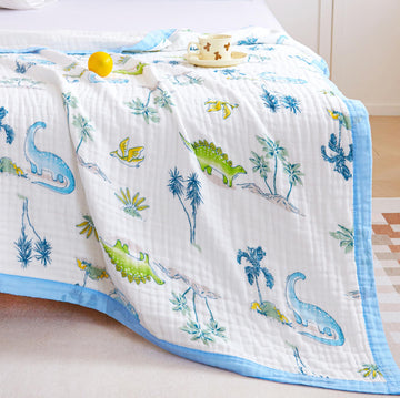 Dinosaur Blue Muslin Wrap Blanket 100% Cotton 6 Layer Quilt Bed Blanket Soft Warm Throw Blanket Sofa Couch Toddler
