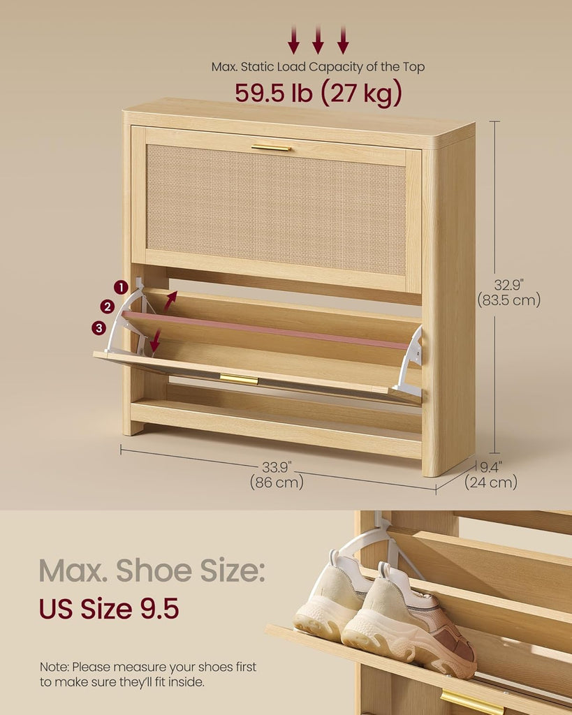 Boho Shoe Storage Cabinet Slim, Entry Shoe Cabinet with Rattan-Look Flip Drawers, Rounded Corners