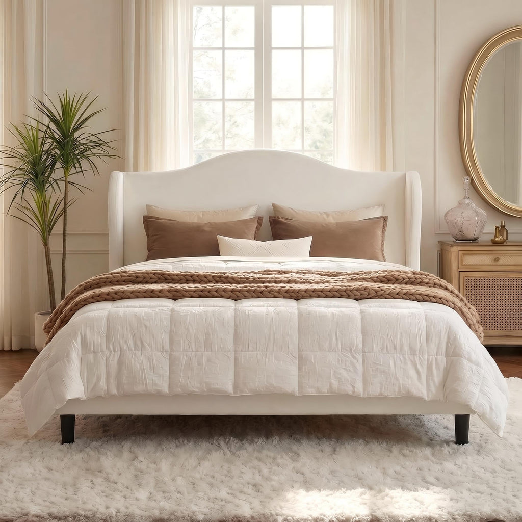 Queen Size Bed Frame, Plush Velvet Wingback, Modern Style, White