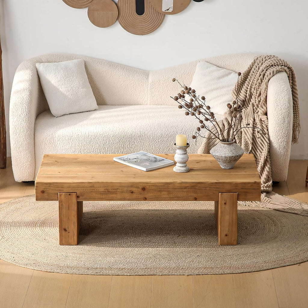 47.6" Coffee Table, Mid-Century Modern Solid Wood Coffee Table with Sturdy Base