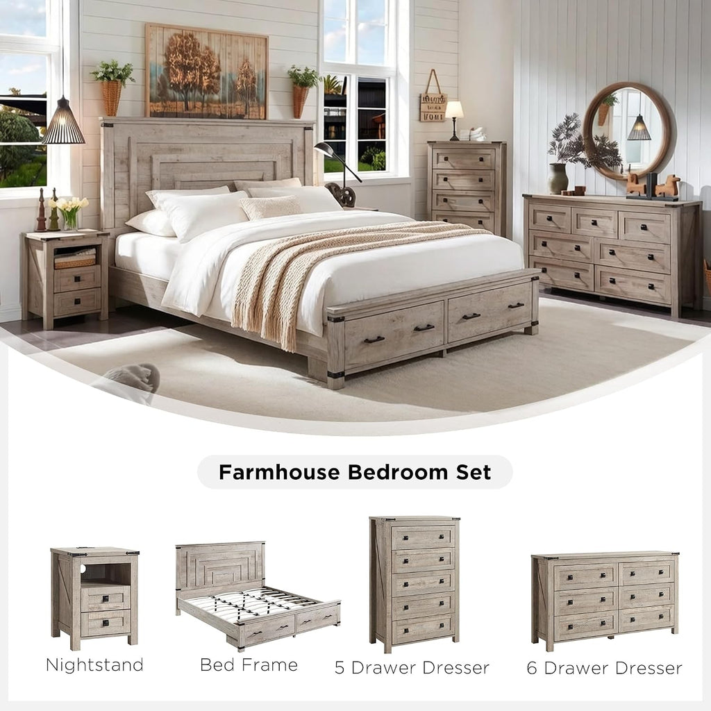 54" Wide Farmhouse 6-Drawer Dresser , Light Rustic Oak | Rustic, Wood Storage Cabinet, Metal Handle, Unique Corner