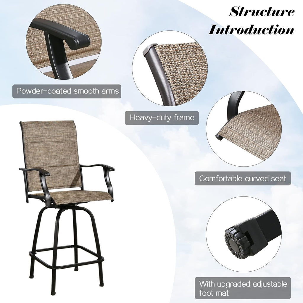 Outdoor Swivel Bar Stools, Patio Textilene Bar Height Chairs with Quick-Dry Foam Padded, Set of 2