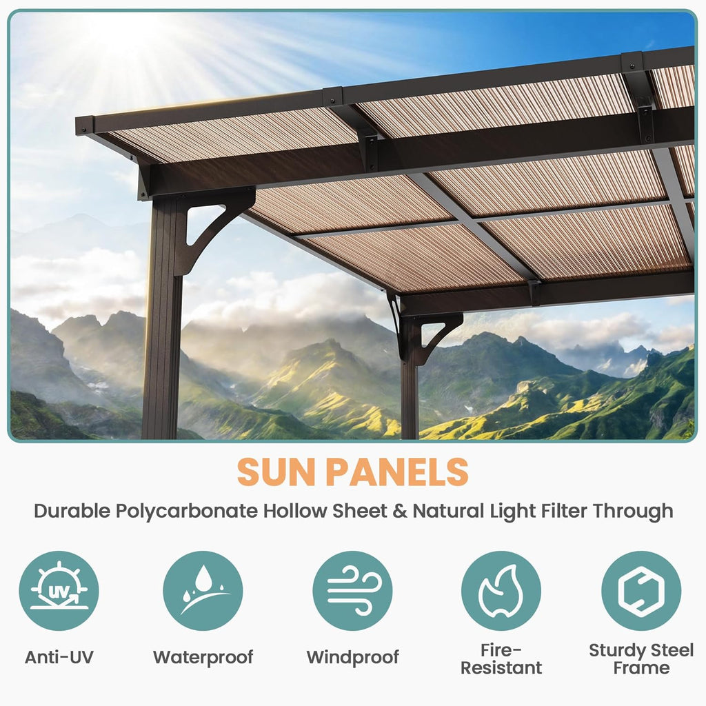 10x24FT Wall Mounted Gazebo, Hardtop Lean to Gazebo with Aluminum Frame & UV Resistant Polycarbonate Roof