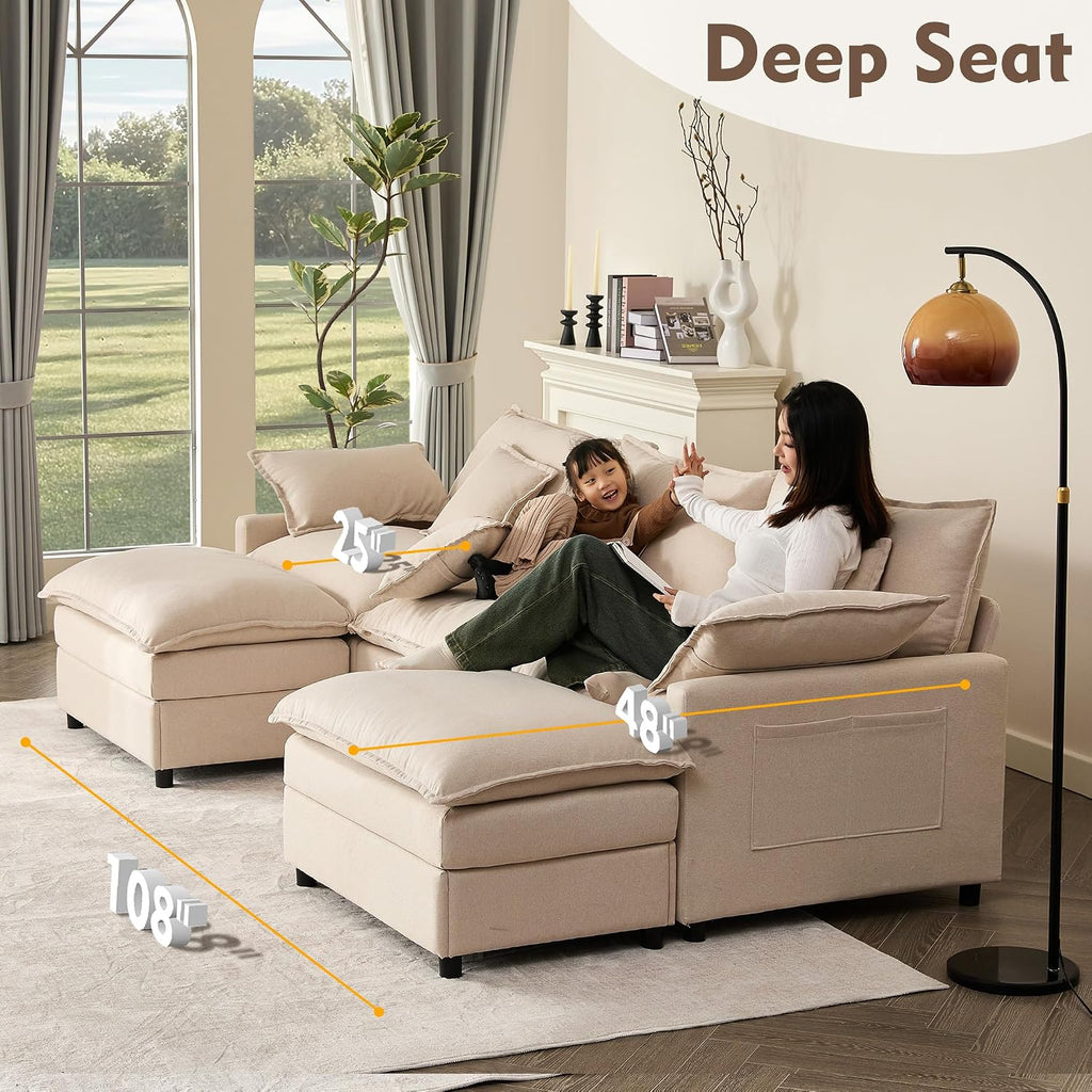 108" U-Shaped Modular Cloud Couch, Deep Seat, Linen Beige | Cloud Comfort, Couches , Removable & Machine-Washable