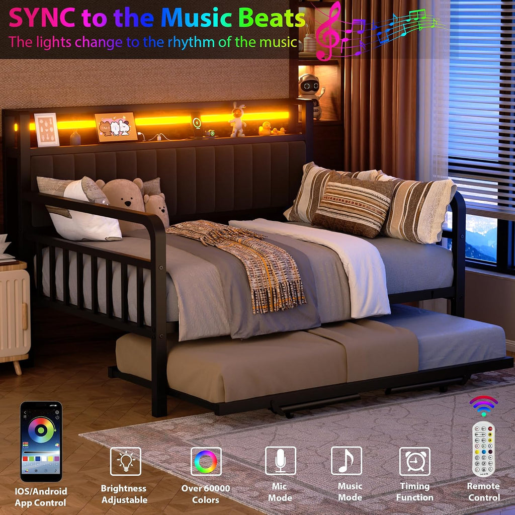 Daybed with Trundle and LED Light, Heavy Duty Metal Full Bed Frame with Upholstered Storage Headboard & Charging