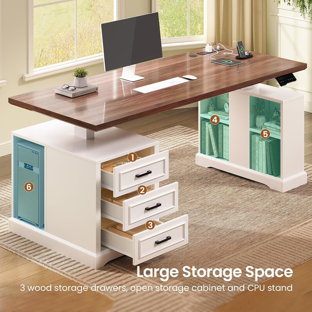 Farmhouse Electric Standing Desk, 63" Height Adjustable Computer Desk with 3 Drawers, Storage Shelves, Power Outlets